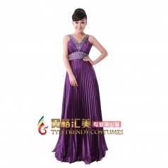 女式紫色长款无袖合唱服装压褶带钻大合唱服装多色定制