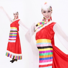 风格汇美 女子藏族加长水袖红色演出服 民族舞蹈表演服 藏服