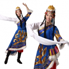 风格汇美正品 藏族舞演出服 舞台表演服 蓝色民族舞蹈服定制