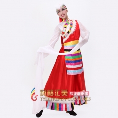 风格汇美 女子藏族加长水袖红色演出服 民族舞蹈表演服 藏服