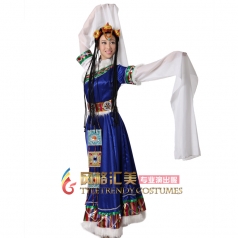 北京女士藏族舞蹈服水袖服 民族舞台演出服 蓝色西藏表演服装