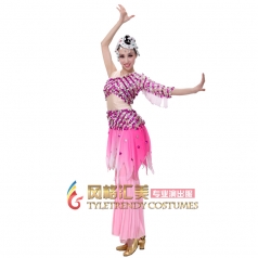 2014女士新款粉红色亮片傣族舞蹈演出鱼尾裙 民族舞蹈演出服