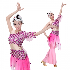 2014女士新款粉红色亮片傣族舞蹈演出鱼尾裙 民族舞蹈演出服
