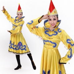 蒙古族演出服装 黄色舞蹈服饰 长款大裙摆女士蒙古袍定制