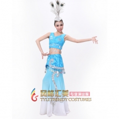傣族舞蹈服装 女士蓝色孔雀舞表演服 傣族舞台演出服装
