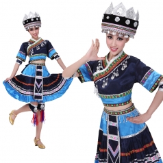 苗族民族舞蹈演出服装 蓝色舞蹈演出服 秧歌表演服女装可定制