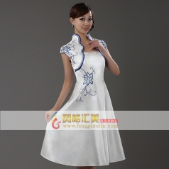 风格汇美 2013新款连衣裙 白色青花瓷旗袍 伴娘服装 舞台演出服