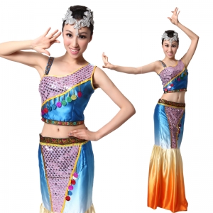 单肩傣族舞蹈服装 民族舞蹈演出服装定做