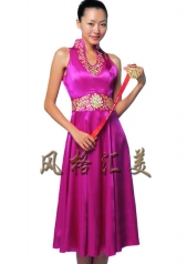 风格汇美正品 新款紫色V领长款奥运旗袍 庆典礼仪连衣裙 表演服装