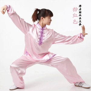男女长拳武术服装高档贡缎弹力纺丝粉红太极服武术比赛表演服