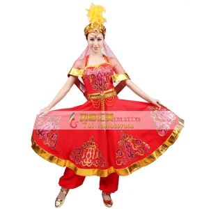 风格汇美新款新疆舞蹈演出服维族舞蹈服装女红色少数民族舞蹈服装