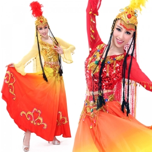 舞台民族服 红色少数民族维族演出服 新款新疆舞蹈演出服装
