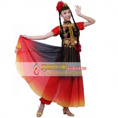 女士新疆舞蹈演出服黑红渐变 维吾尔族表演服 民族舞蹈服装