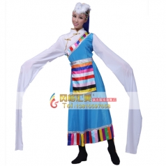 风格汇美 女子藏族加长水袖天蓝色演出服 民族舞蹈表演服 藏
