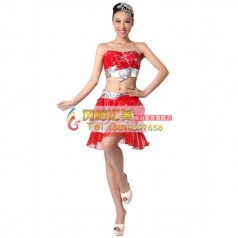 风格汇美 女士时尚新款现代舞蹈演出表演服 红色漆皮舞台领舞服装