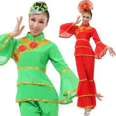 风格汇美 女士秧歌服装 红色绿色演出服装 大喇叭袖秧歌表演服服
