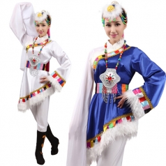 风格汇美新款白色藏族舞蹈演出服 民族舞蹈服装藏族水袖表演服女