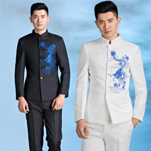 合唱服装演出服男成人中式民国绣龙中山装礼服设计