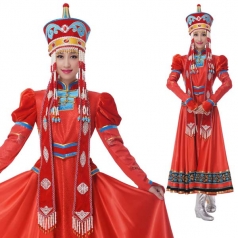 新款大红色少数民族舞蹈演出服蒙古舞服定制