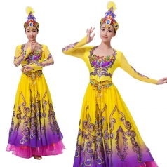 新疆舞蹈服装演出服女黄色新疆舞大摆裙成人少数民族舞服装