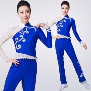 新款中式长袖蓝色健美操服装中国风团体啦啦操健美操表演服装定制