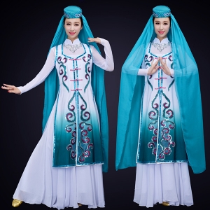 新款回族舞蹈演出服装白色民族舞蹈服晚会民族舞蹈演出服装定制！