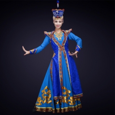 新款成人少数民族舞蹈服装内蒙古蓝色舞蹈演出服装大摆裙服装定制！