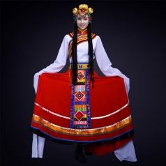 红色新款舞台演出服装成人藏族舞蹈演出服装定制！