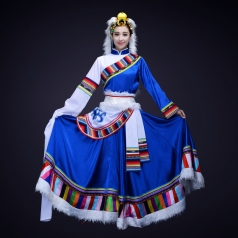 蓝色新款舞台演出服装成人藏族舞蹈演出服装定制！