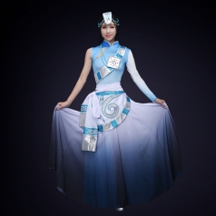 舞台演出服装民族舞蹈表演服装浅蓝色藏族舞蹈演出服装定制!