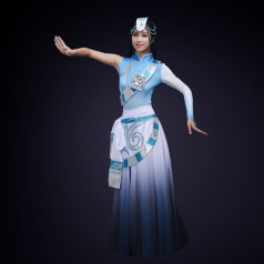 舞台演出服装民族舞蹈表演服装浅蓝色藏族舞蹈演出服装定制!