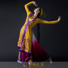 新疆民族舞蹈演出服装黄色长裙舞蹈表演服装搞定制款！