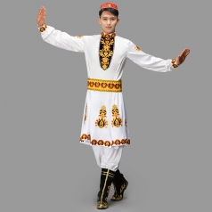 男士新疆舞蹈服装维吾尔族演出服装白色长袖哈萨克斯坦服装定制