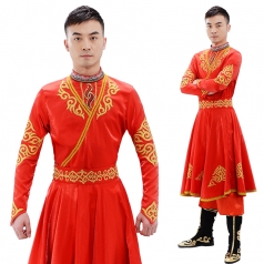 男士新疆舞蹈服装维吾尔族长袍演出服女成人红色男生校园群舞定制
