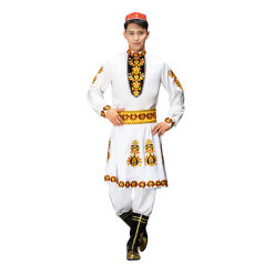 男士新疆舞蹈服装维吾尔族演出服装白色长袖哈萨克斯坦服装定制