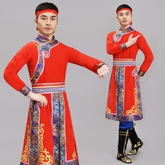 男士蒙古舞服装演出服红色内蒙古年会少数民族舞服蒙古袍定制