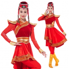 红色艺考蒙古舞蹈服丝绒内蒙古舞蹈演出服盛装蒙袍舞台装定制